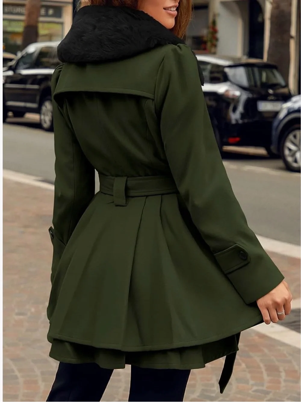 zeagoo Olive Green Trench Coat with Black Faux Fur Collar